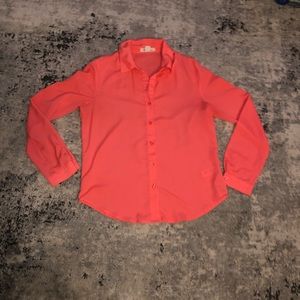 Forever 21 Coral Pink Chiffon long Sleeve Button Down Blouse,  size M